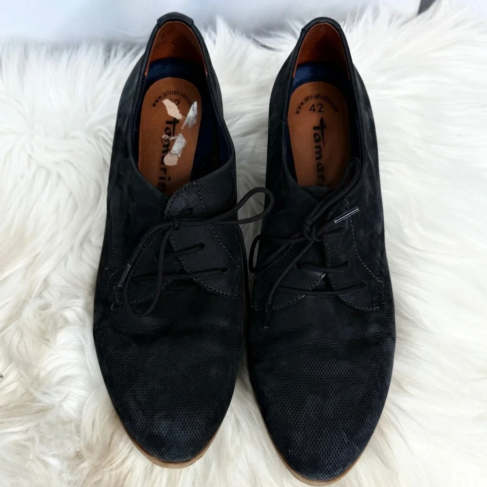 Tamaris Black Leather Perforated Lace Up Oxford Heels Anti-Shokk Size 42